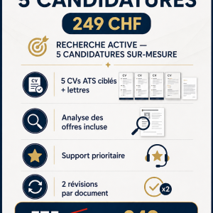 Pack 5 candidatures CV ATS Suisse avec lettres personnalisées, analyse des offres et support prioritaire, offre à 249 CHF