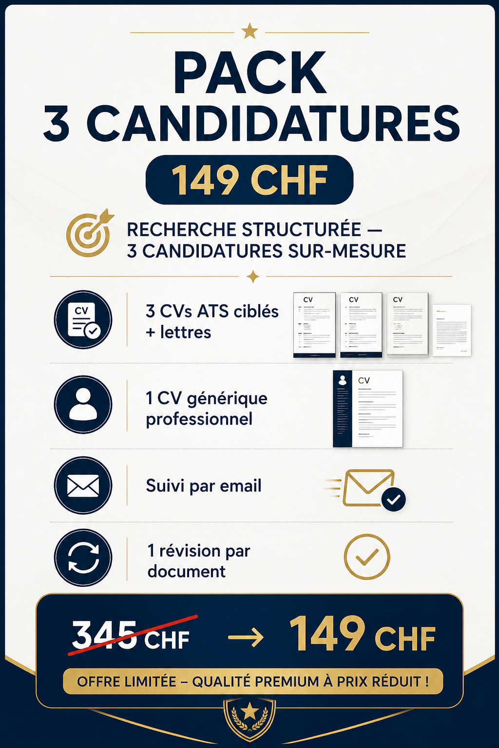 Pack 3 candidatures 3 Pack 3 Candidatures CV Suisse ATS — programme 30 jours 149 CHF