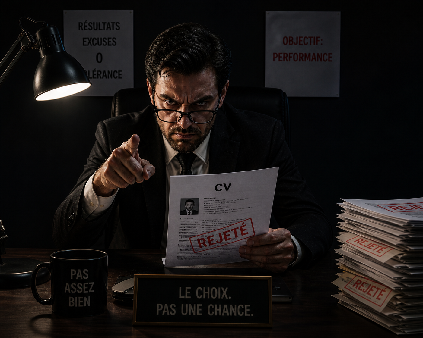 Accueil 2 Recruteur vs patron : à gauche, un recruteur fatigué au visage fermé et froid ; à droite, un patron souriant, détendu et bienveillant, illustrant deux approches opposées du travail.